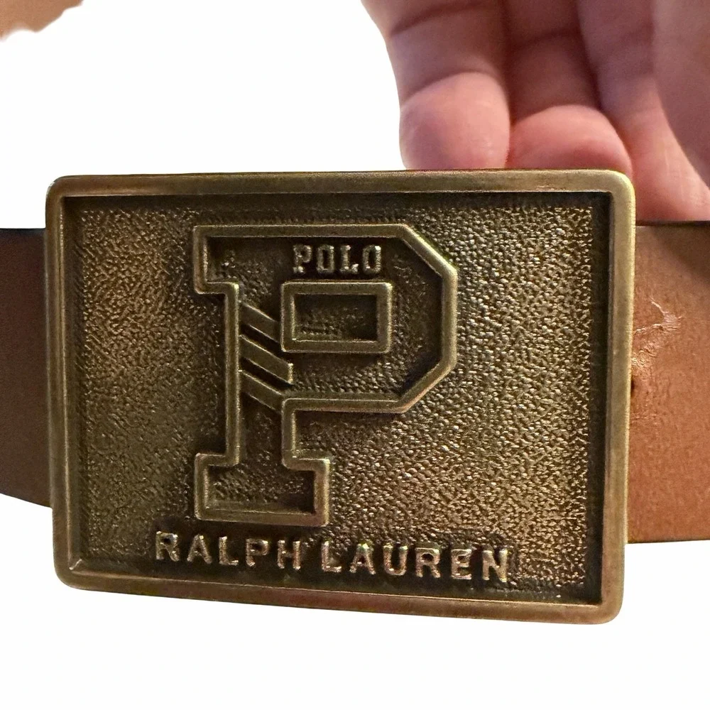 Polo Ralph Lauren Varsity P Logo Leather Belt Brown Brass Buckle Size 36 Rare
